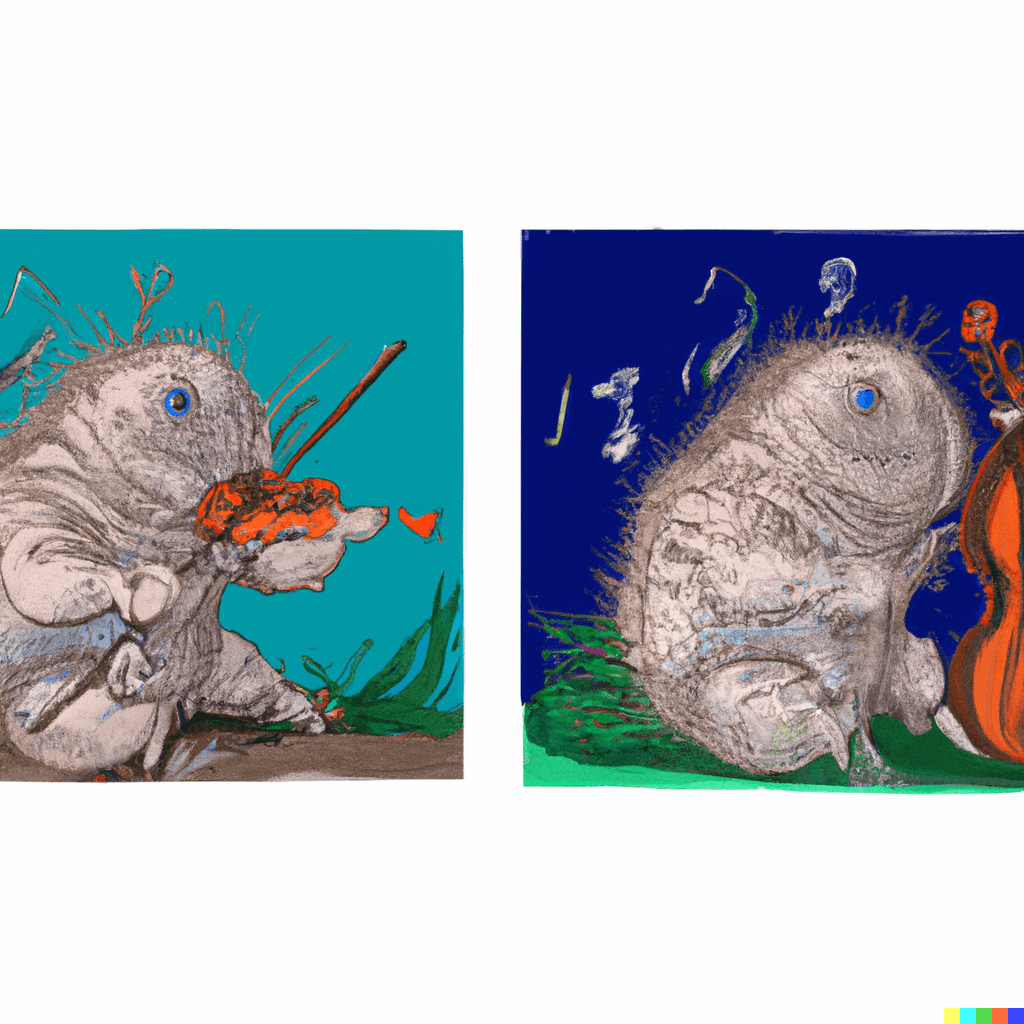 Prompt: "A tardigrade playing violin, side by side frames"